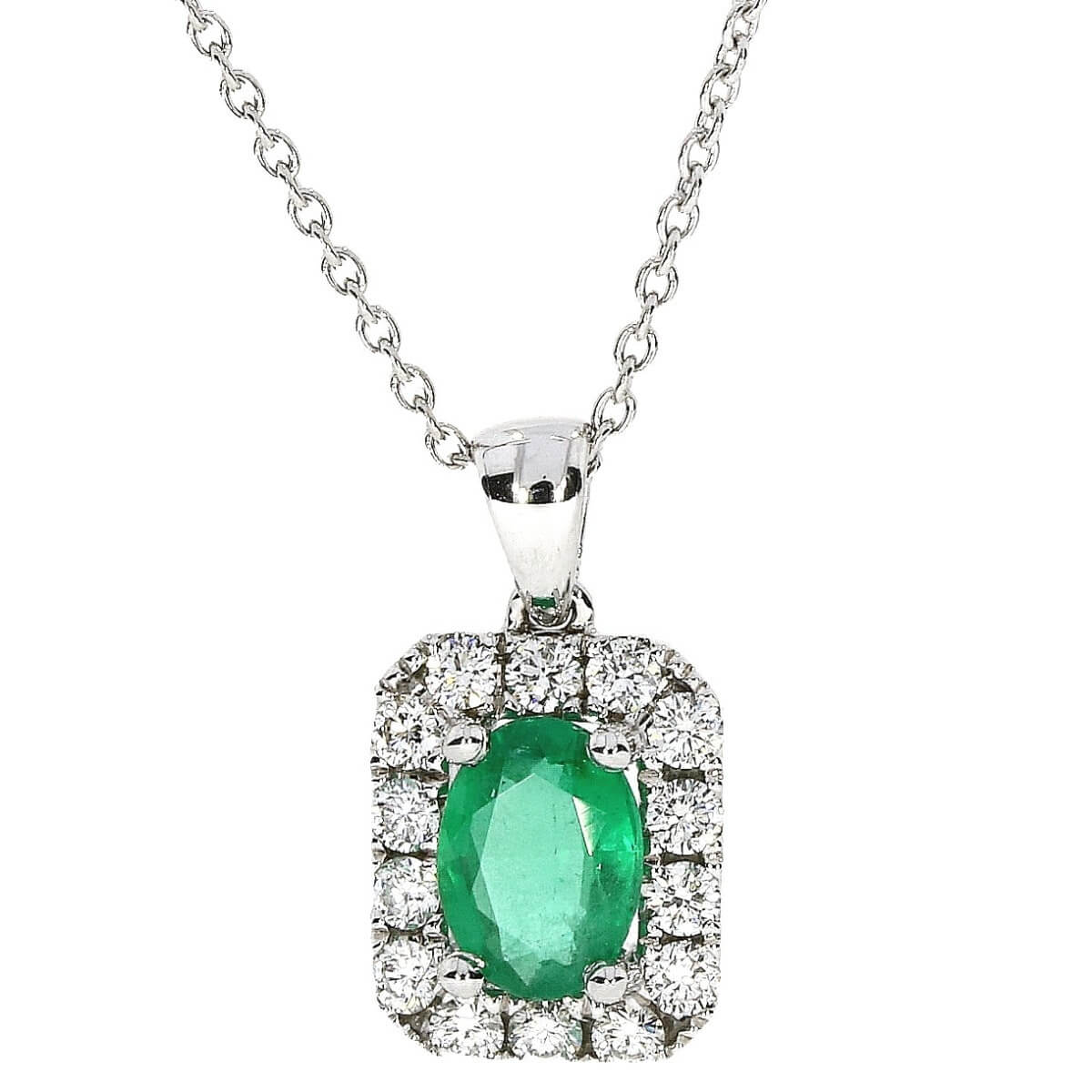 18ct white gold emerald and diamond cluster pendant and 18ct white gold chain 49382c1