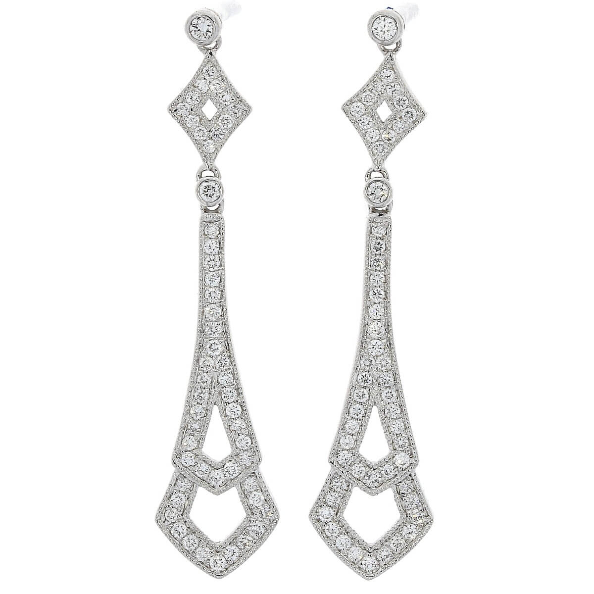 18ct white gold vintage style diamond set drop earrings 058ct d813