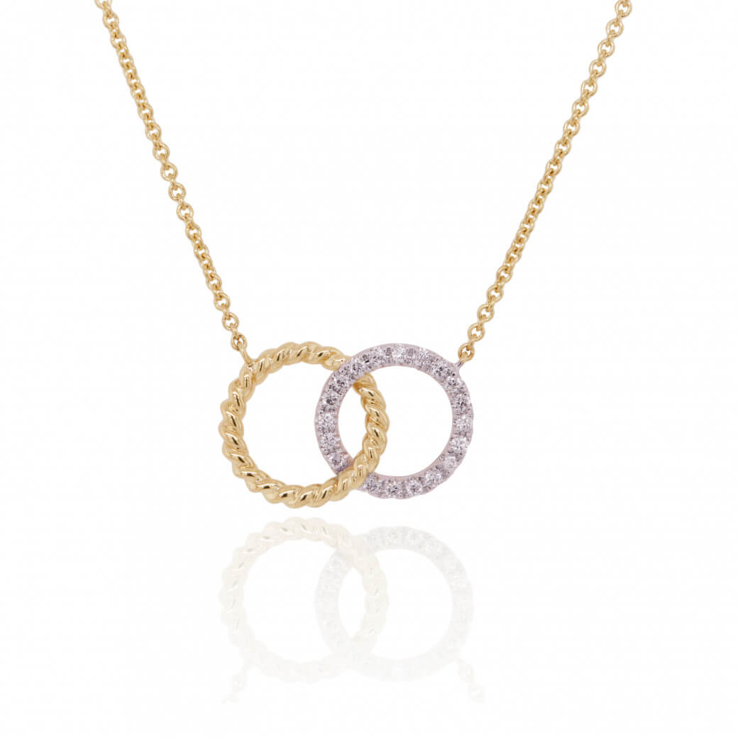 9ct yellow and white gold double circle pendant on fine trace chain with bolt ring catch 2y22d