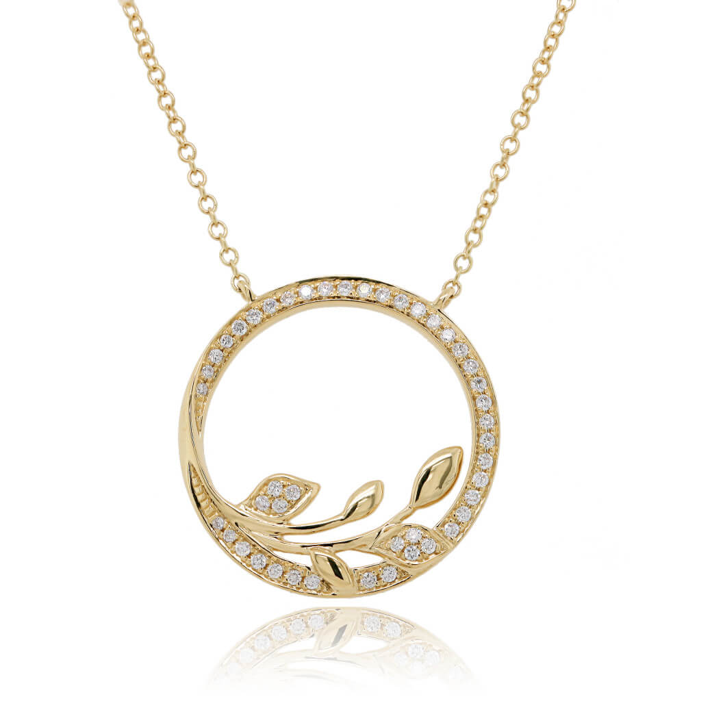 9ct yellow gold circular diamond leaf pendant on fine trace chain with trigger catch 2y44yd