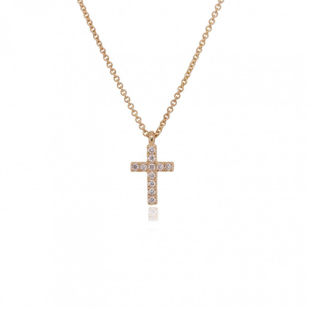 9ct yellow gold diamond set cross on fine trace chain with bolt ring catch 2u61d