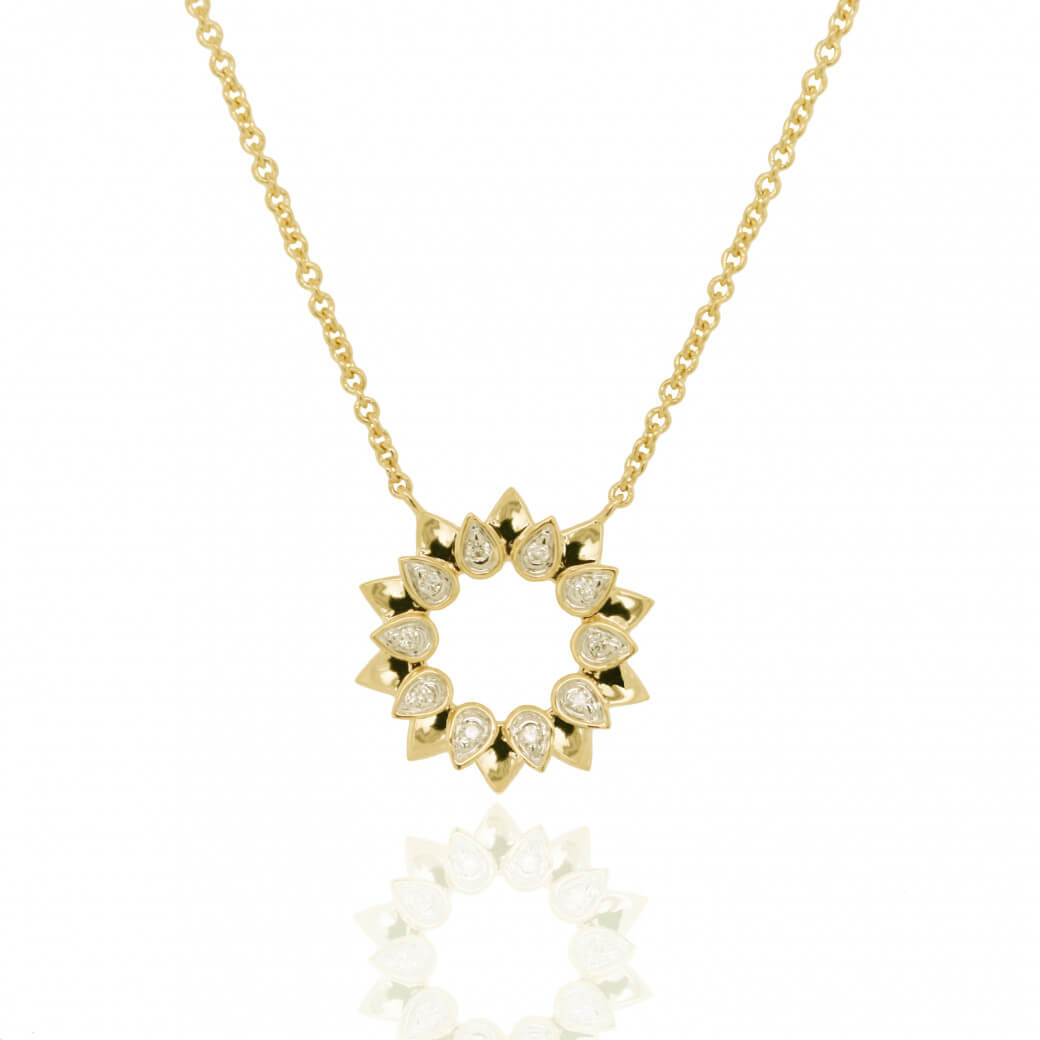 9ct yellow gold flower shaped diamond pendant on a fine trace chain with bolt ring catch 2y24d