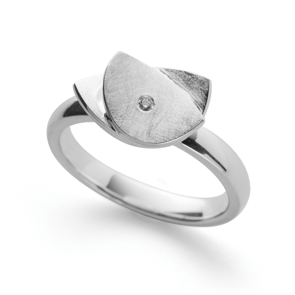 bastian silver matt finish double leaf design ring set with a single diamond weighing 002ct 38240