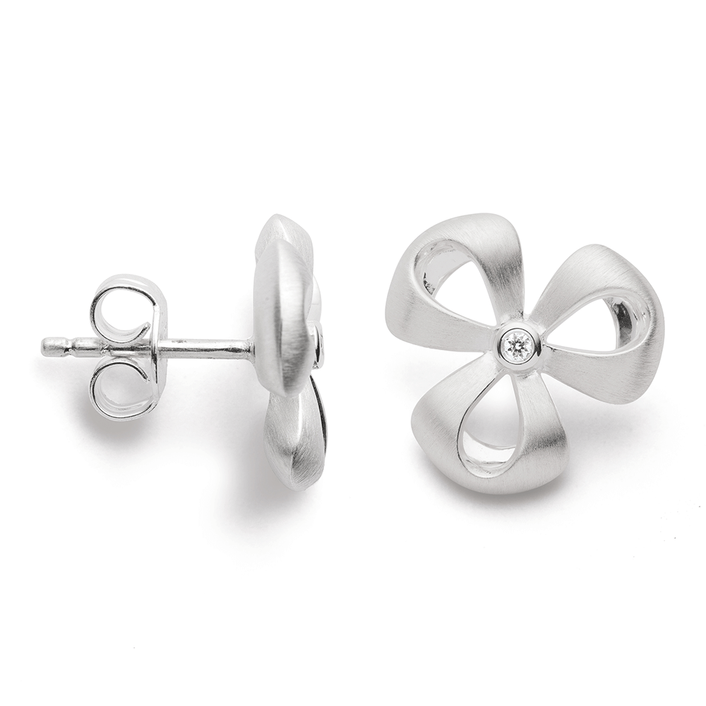bastian silver open satin finish flower earring studs set with a single diamond 12701