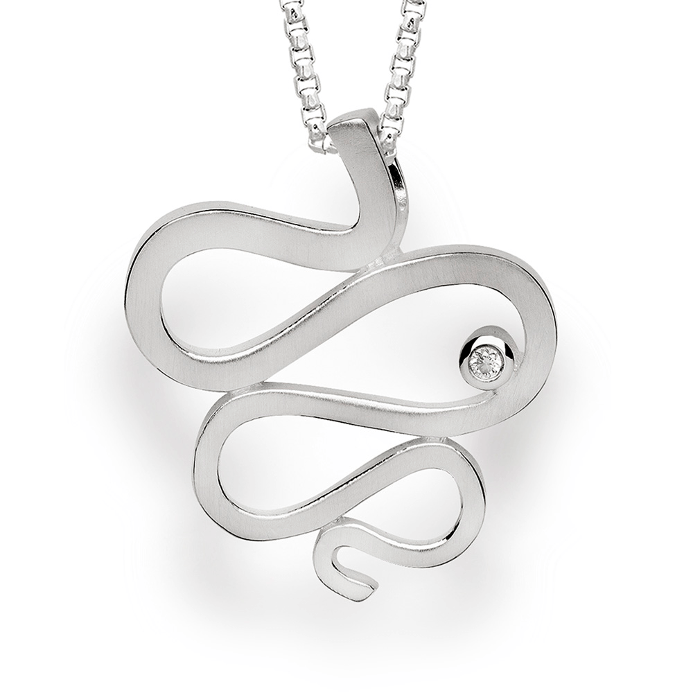 bastian silver satin finish wave design pendant set with a single diamond 002ct 12593