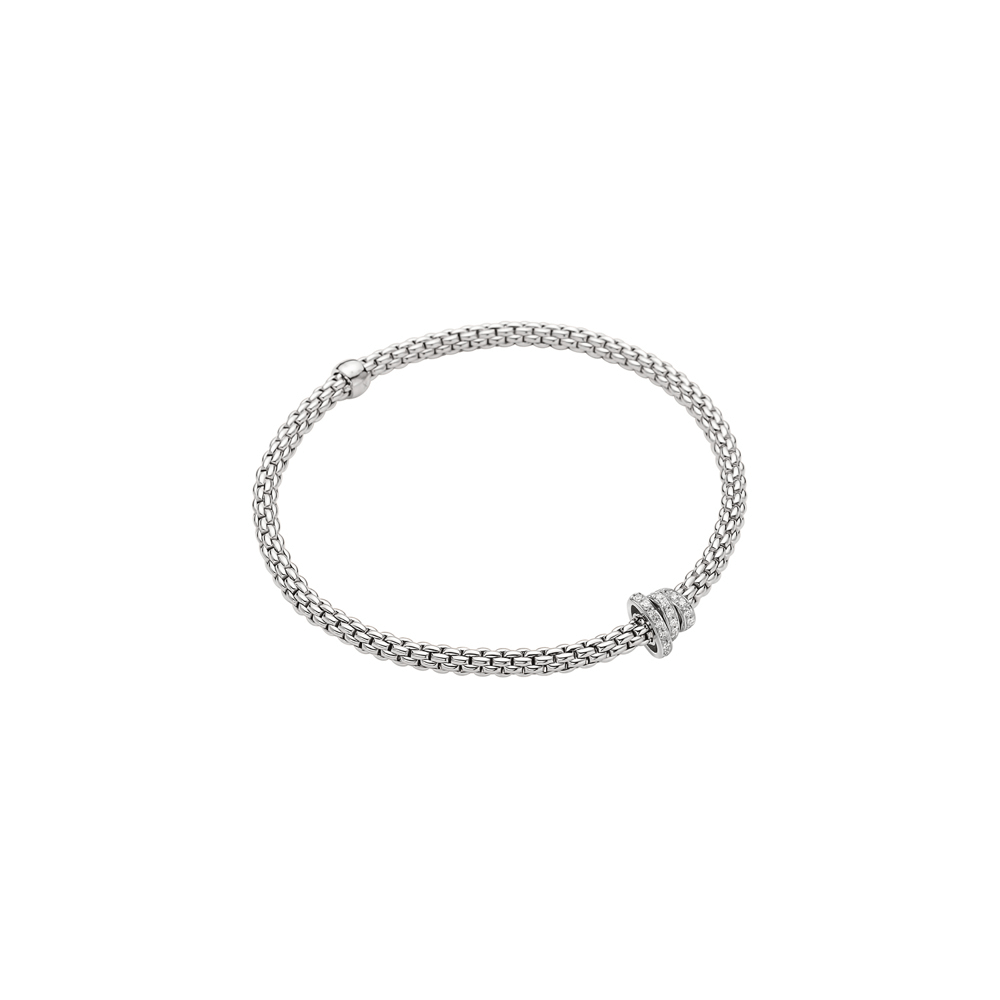 fope 18ct white gold prima flexit bracelet with pave set diamond three band centre rondel 744b pavem w
