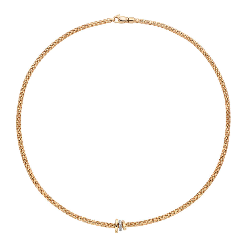 fope 18ct yellow gold prima necklet with three band detail and diamond set centre band 744c bbr