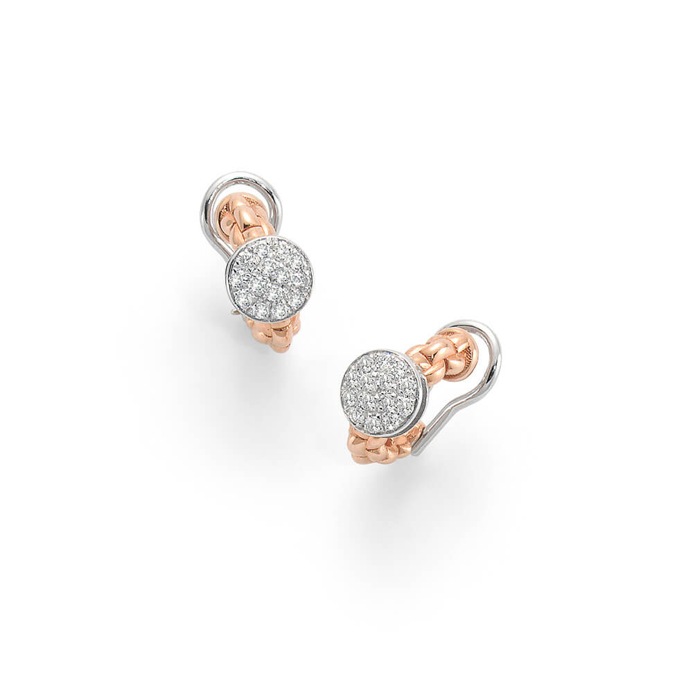 fope eka tiny 18ct rose and white gold earrings with pave diamond set disc or736 pave