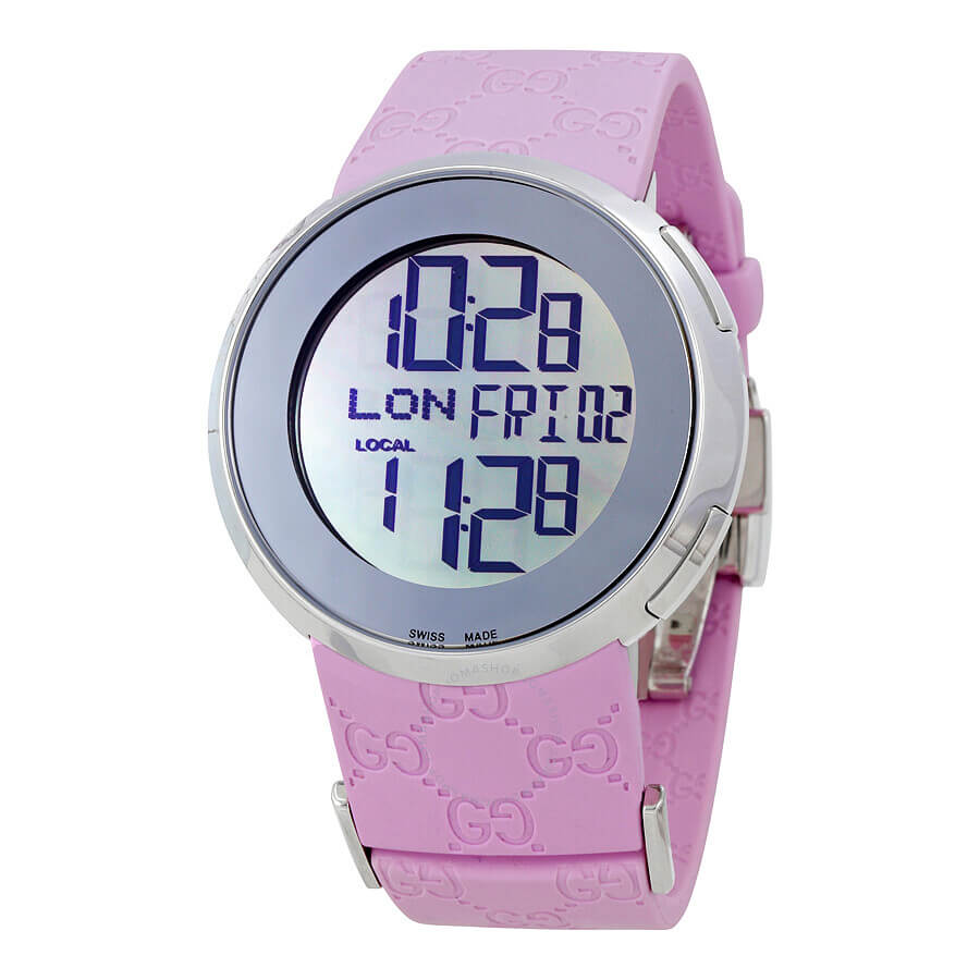 i gucci digital watch on pink rubber strap ya114404