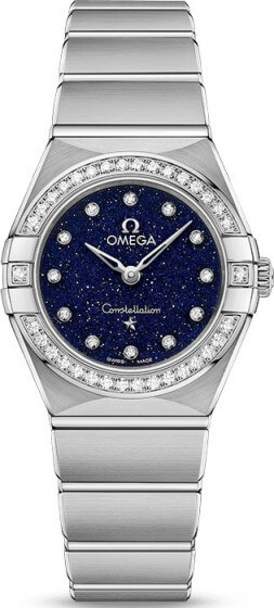 omega constellation manhattan 25mm diamond bezel dial in blue aventurine glass 13115256053001