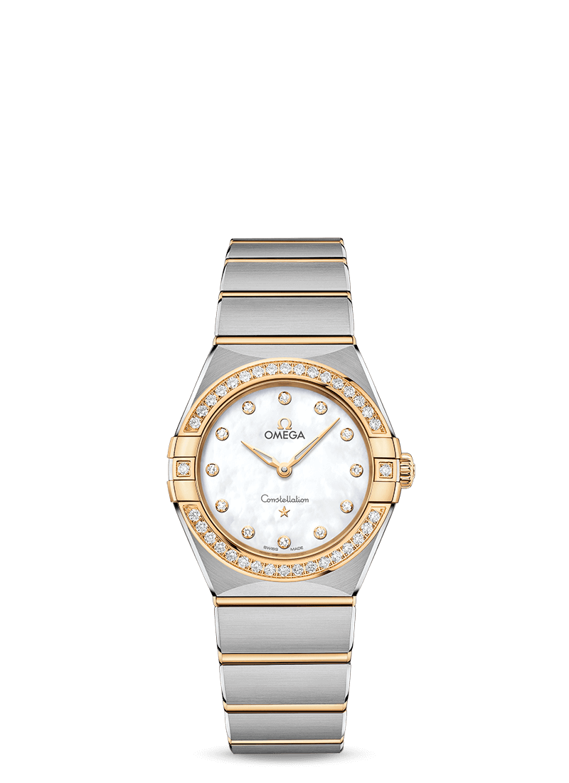 omega constellation manhattan 28mm steel and yellow gold with mop diamond dial and bezel 13125286055002