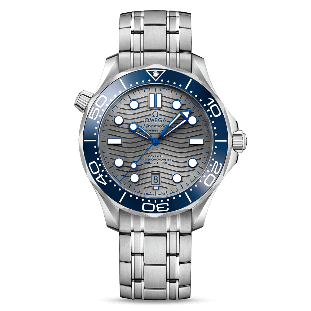 omega seamaster 300m grey dial blue bezel stainless steel on bracelet 21030422006001