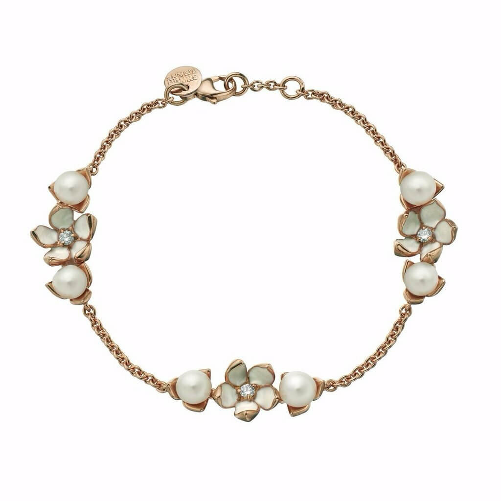 shaun leane rose gold vermeil cherry blossom 3 flower diamond and pearl bracelet cb022rvwhbos