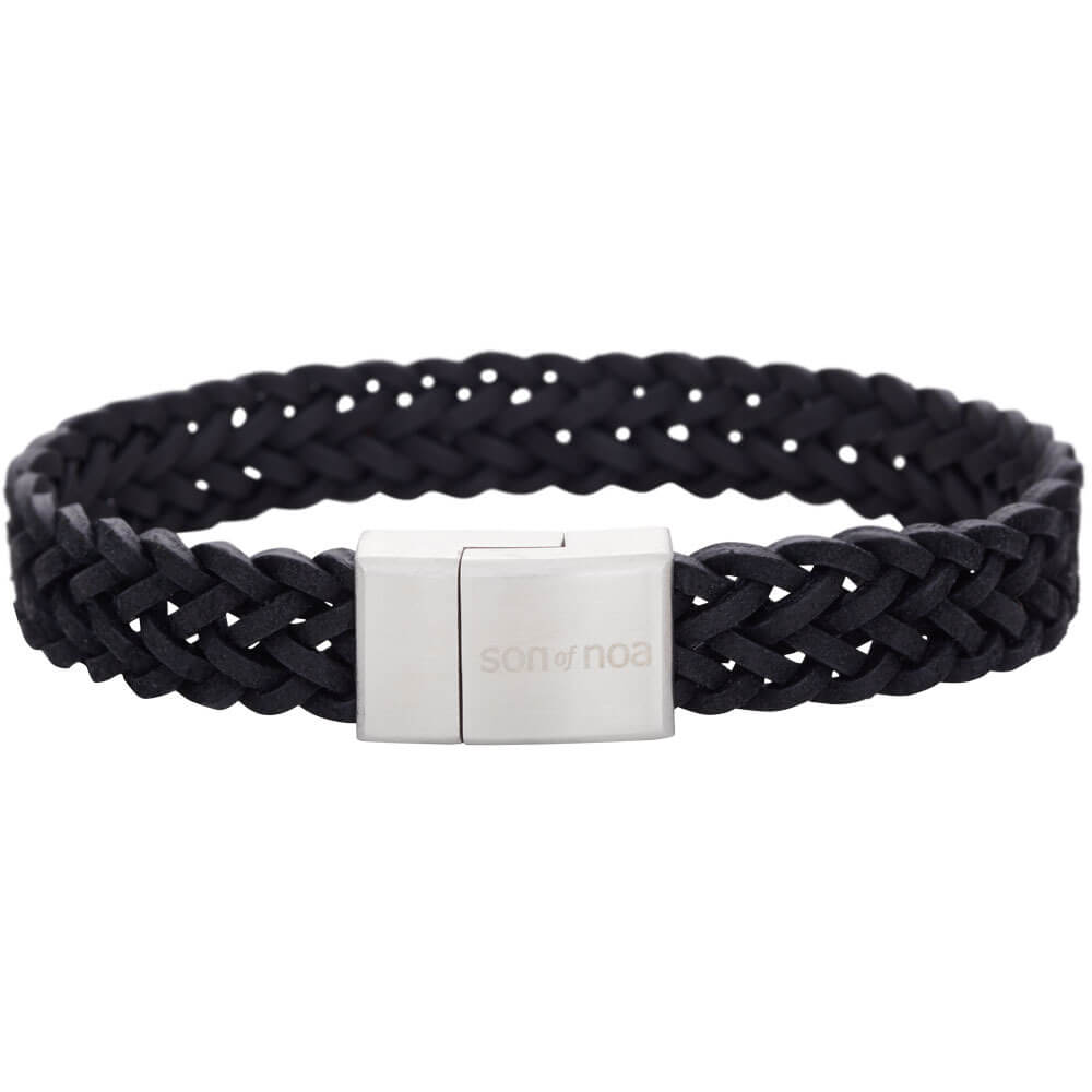 son of noa black leather calf broad woven bracelet 23cm length with steel clasp 897 011 black23