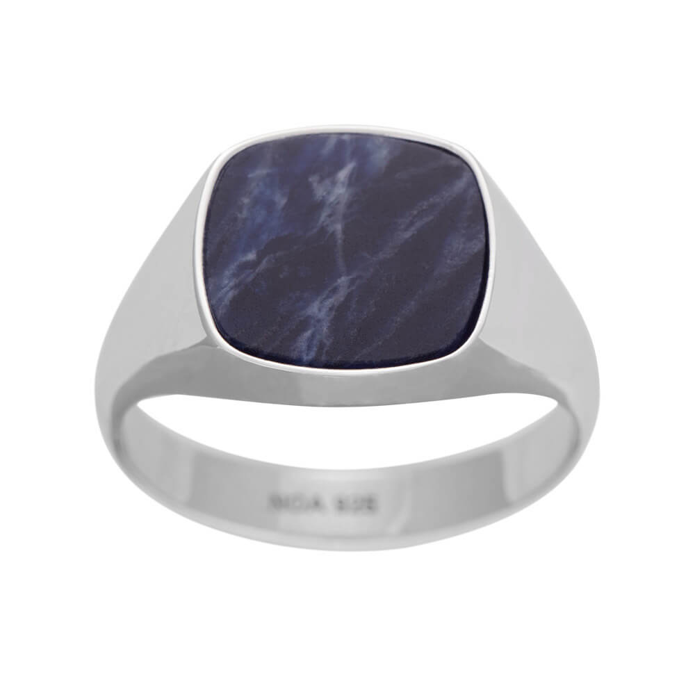 son of noa rhodium plated silver polished signet ring with sodalite stone 167 002