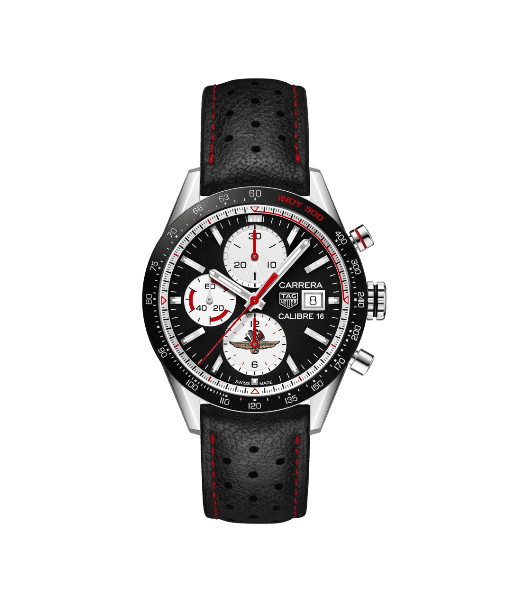 tag heuer carrera calibre 16 indy 500 41mm with black dial on strap cv201asfc6429