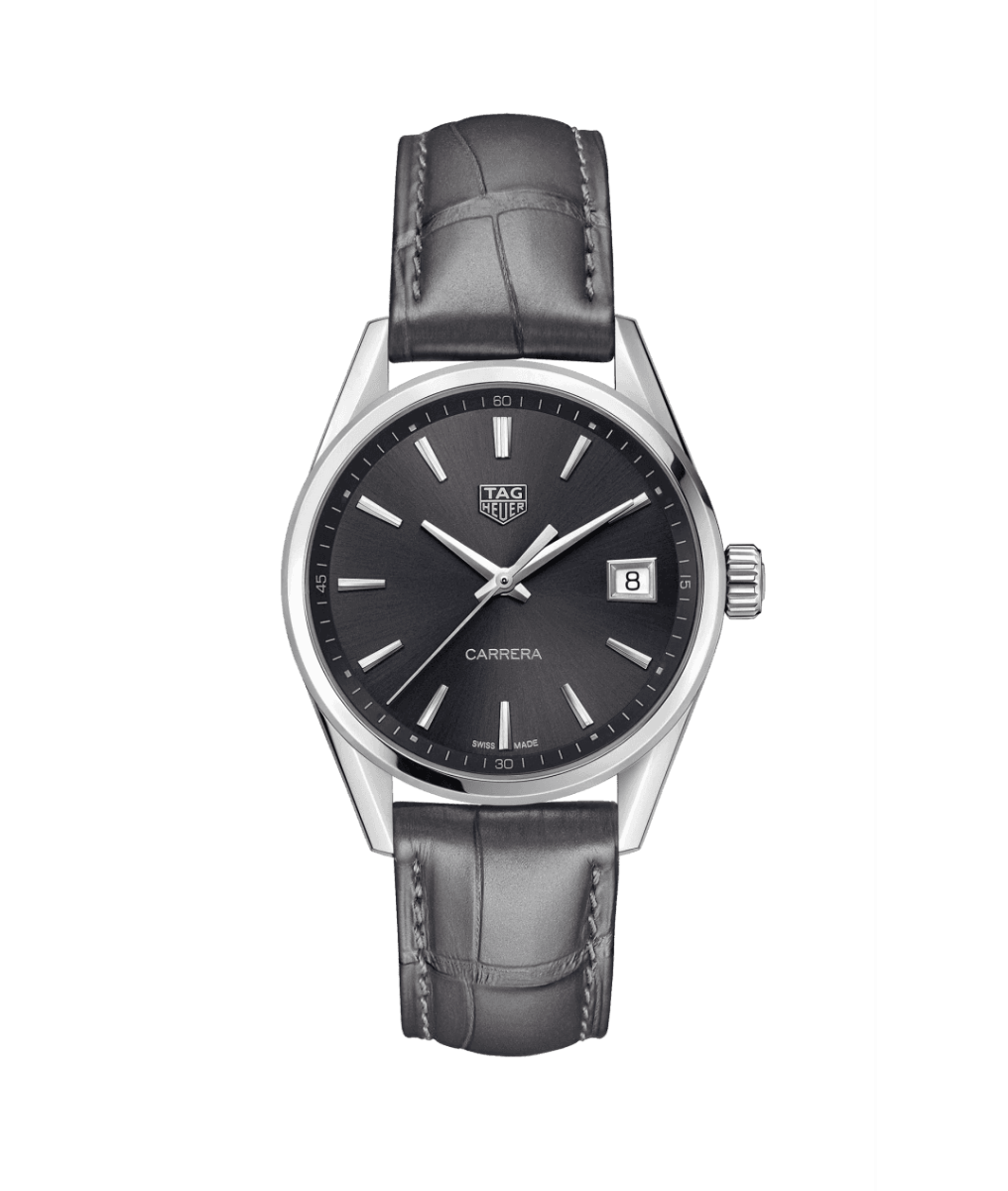 tag heuer carrera steel 36mm quartz with black dial on grey alligator strap with steel foldover buckle wbk1313fc8260