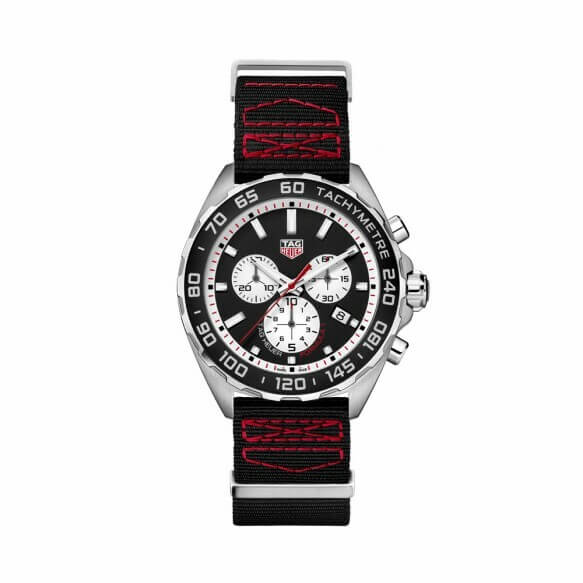 tag heuer f1 chronograph with black dial and bezel on fabric strap with pin buckle caz101efc8228