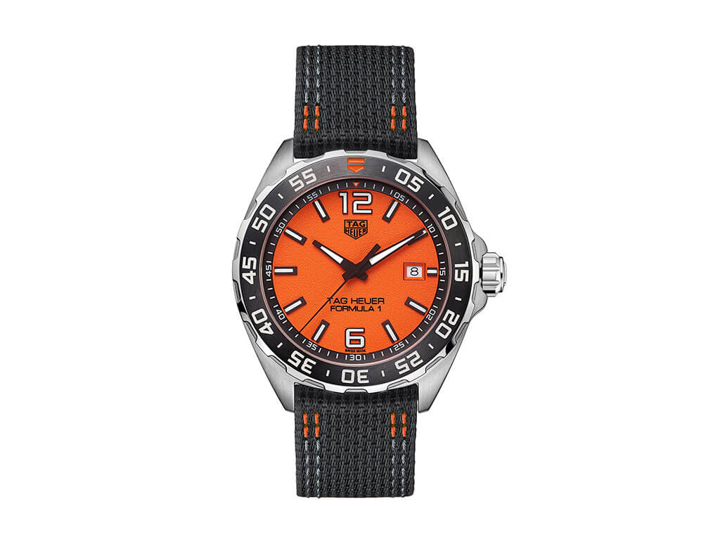 tag heuer formula1 quartz wrist watch with orange dial and fabric strap waz101afc8305