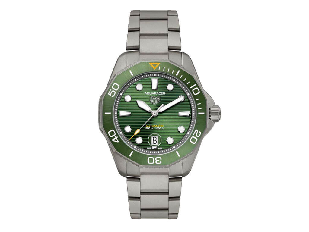 tag heuer titanium aquaracer watch on bracelet green dial and bezel wbp208bbf0631