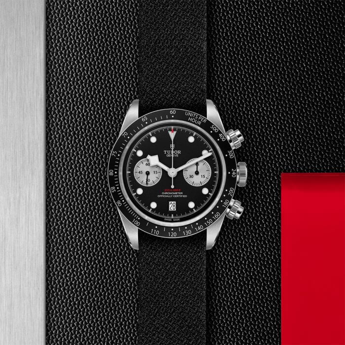 tudor black bay chrono with black dial and silver counters on fabric strap m79360n 0007