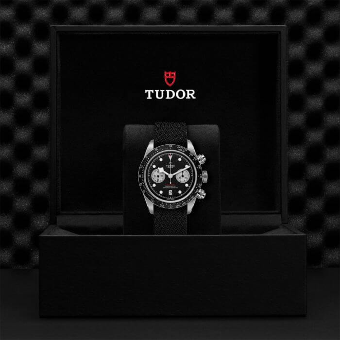 tudor black bay chrono with black dial and silver counters on fabric strap m79360n 0007QXsB