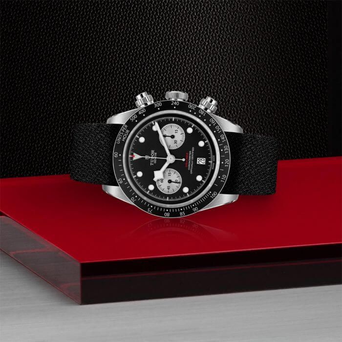 tudor black bay chrono with black dial and silver counters on fabric strap m79360n 0007vagE