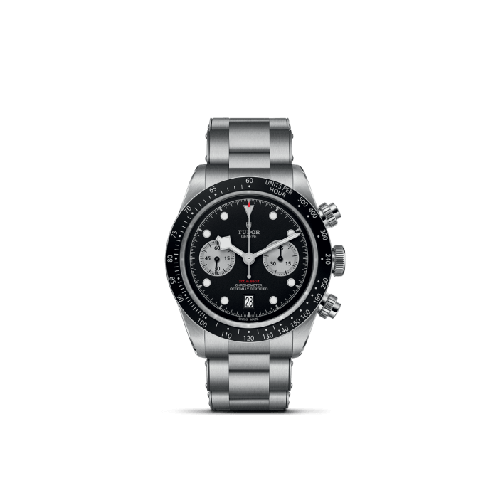 tudor black bay chrono with black dial silver counters on bracelet m79360n 0001