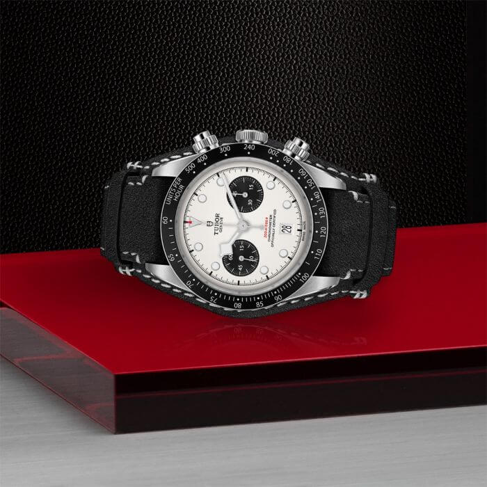 tudor black bay chrono with opaline dial black counters on black leather strap m79360n 00060wXn