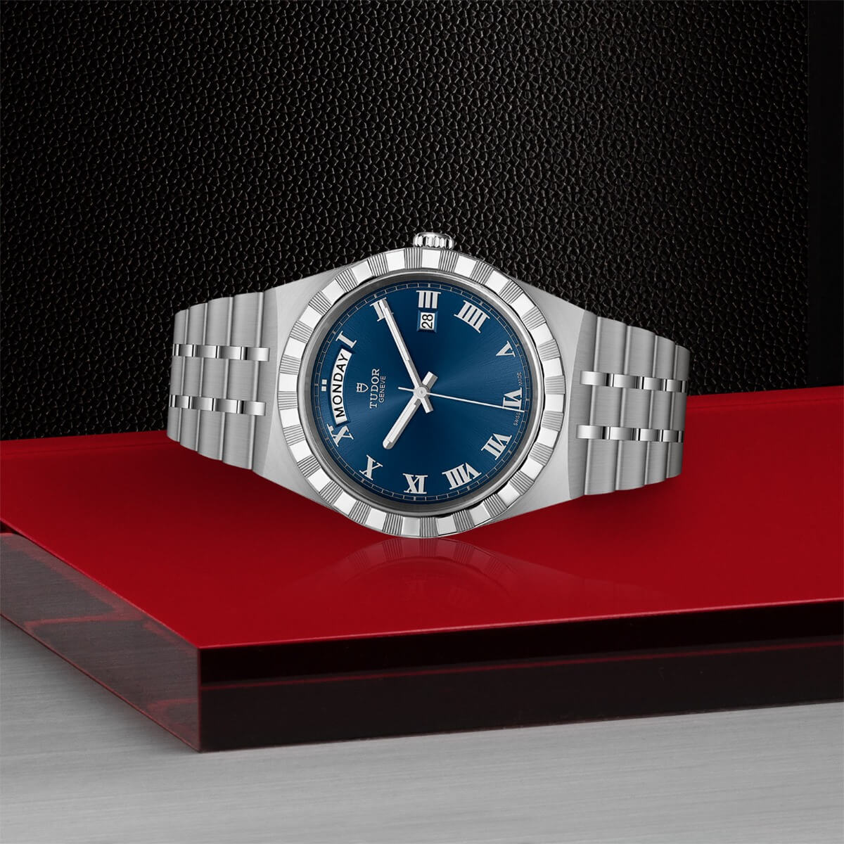 tudor royal day date watch on bracelet with blue dial m28600