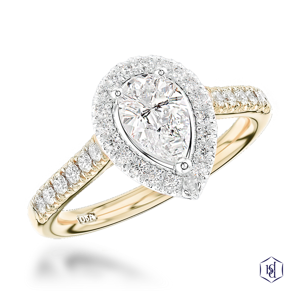 pear shape cut diamond in a 18ct yellow gold shank and platinum head cluster diamond band