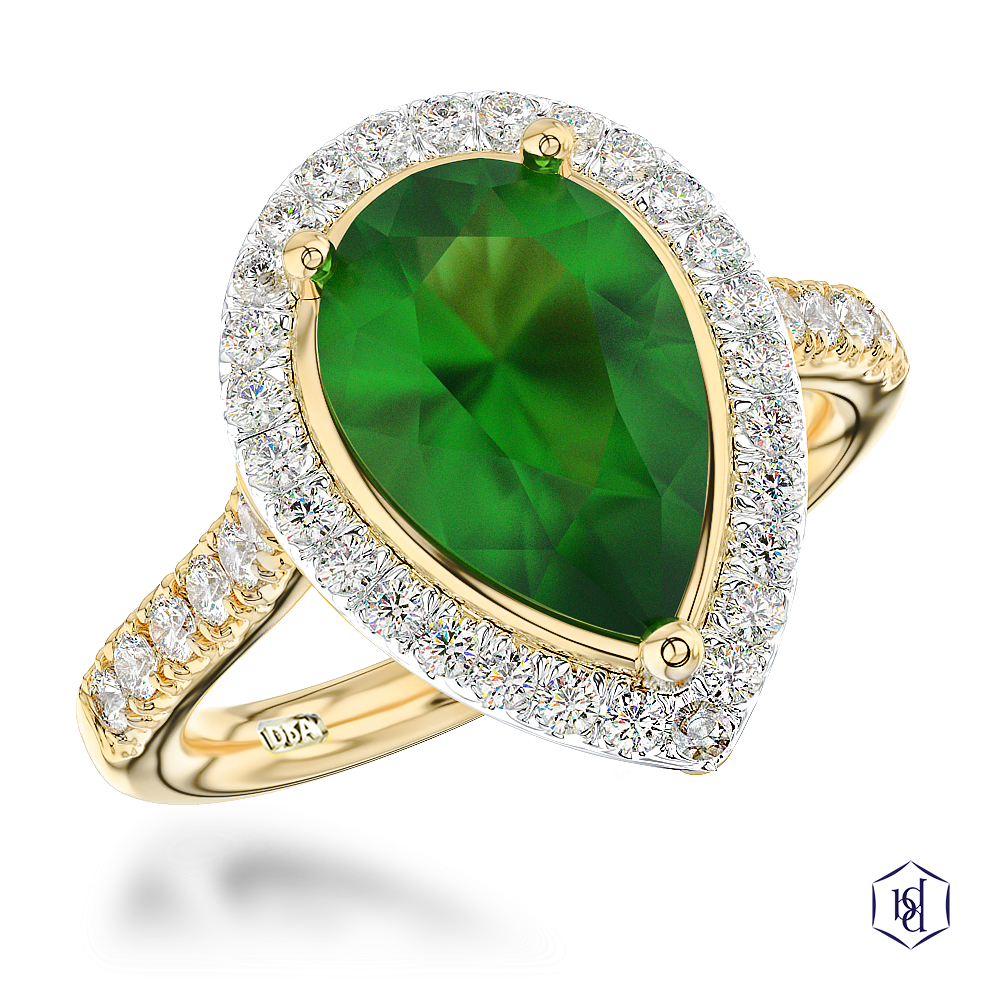 pear shape cut green tourmaline in a 18ct yellow gold shank and platinum head cluster diamond band