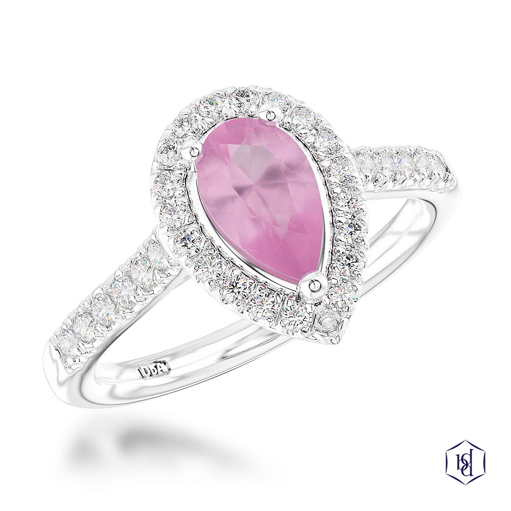 pear shape cut pink sapphire in a platinum cluster diamond band