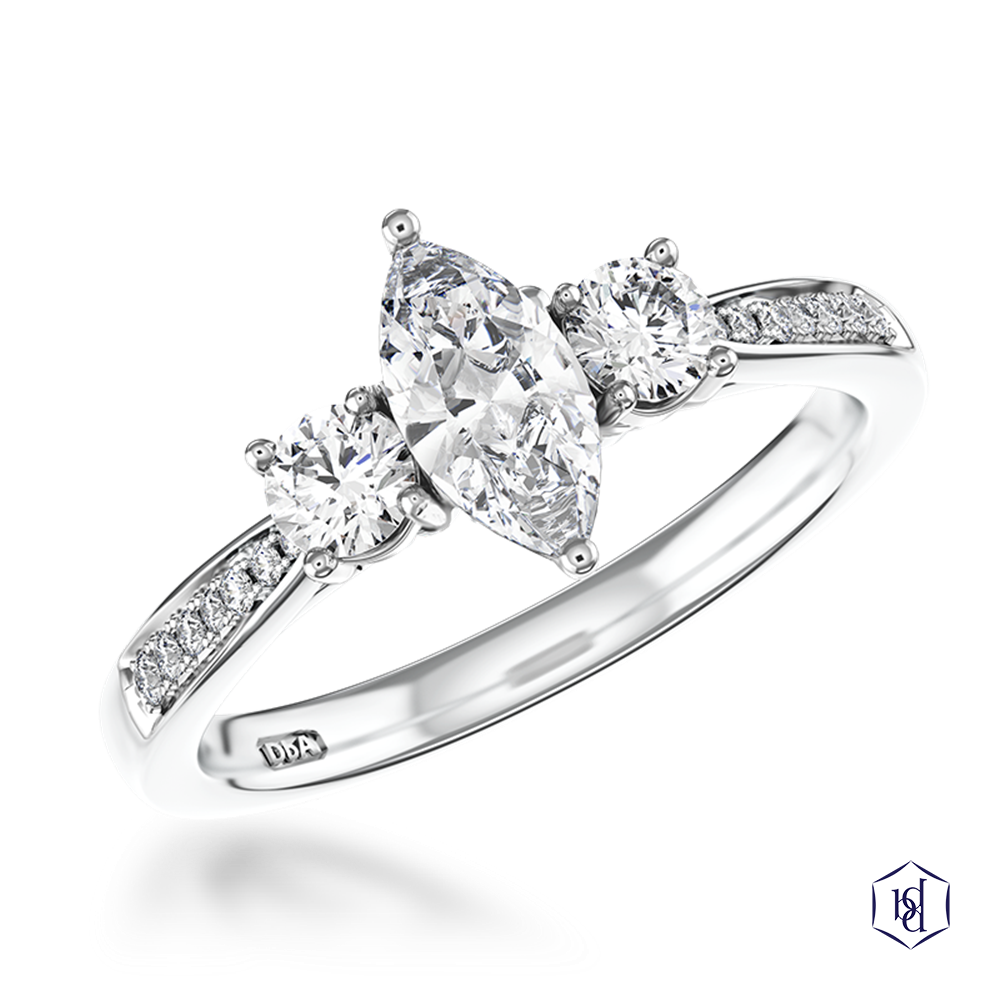 marquise cut diamond in a platinum three stone diamond band