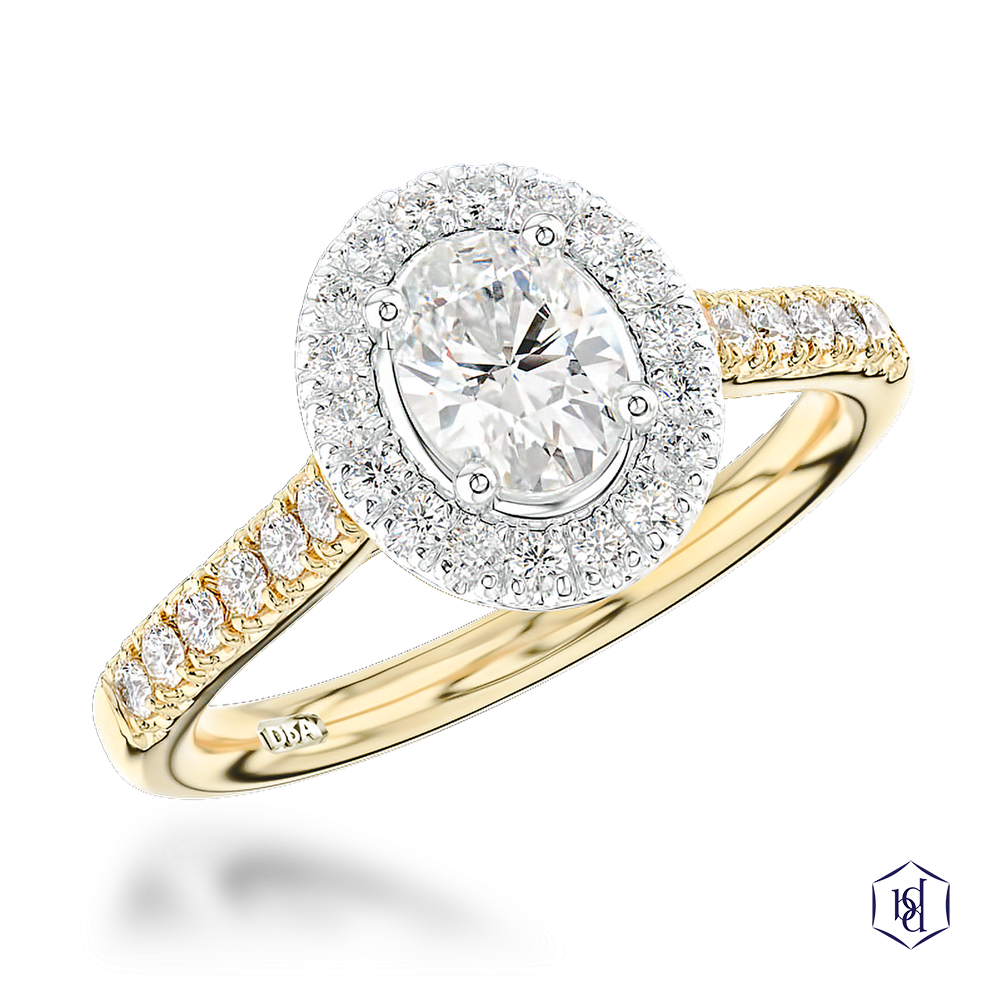 oval cut diamond in a 18ct yellow gold shank and platinum head cluster diamond band