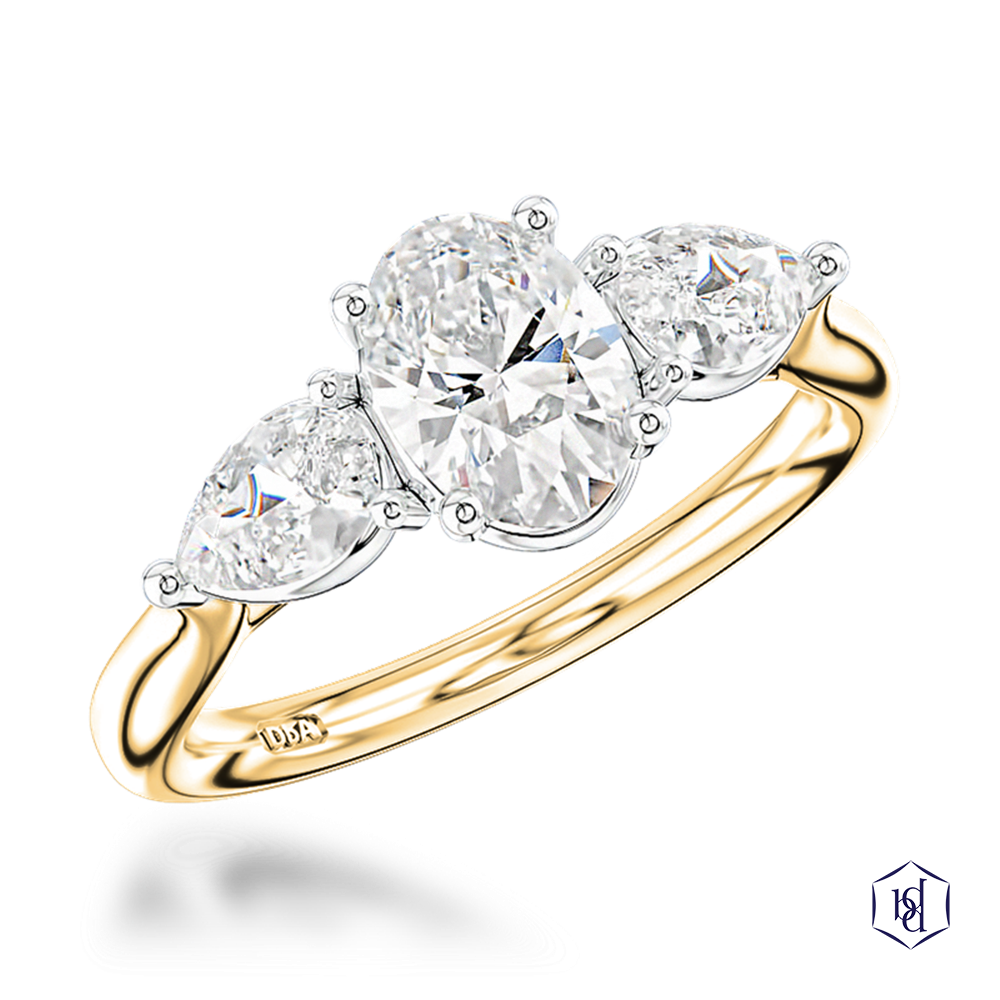 oval cut diamond in a 18ct yellow gold shank and platinum head three stone plain band