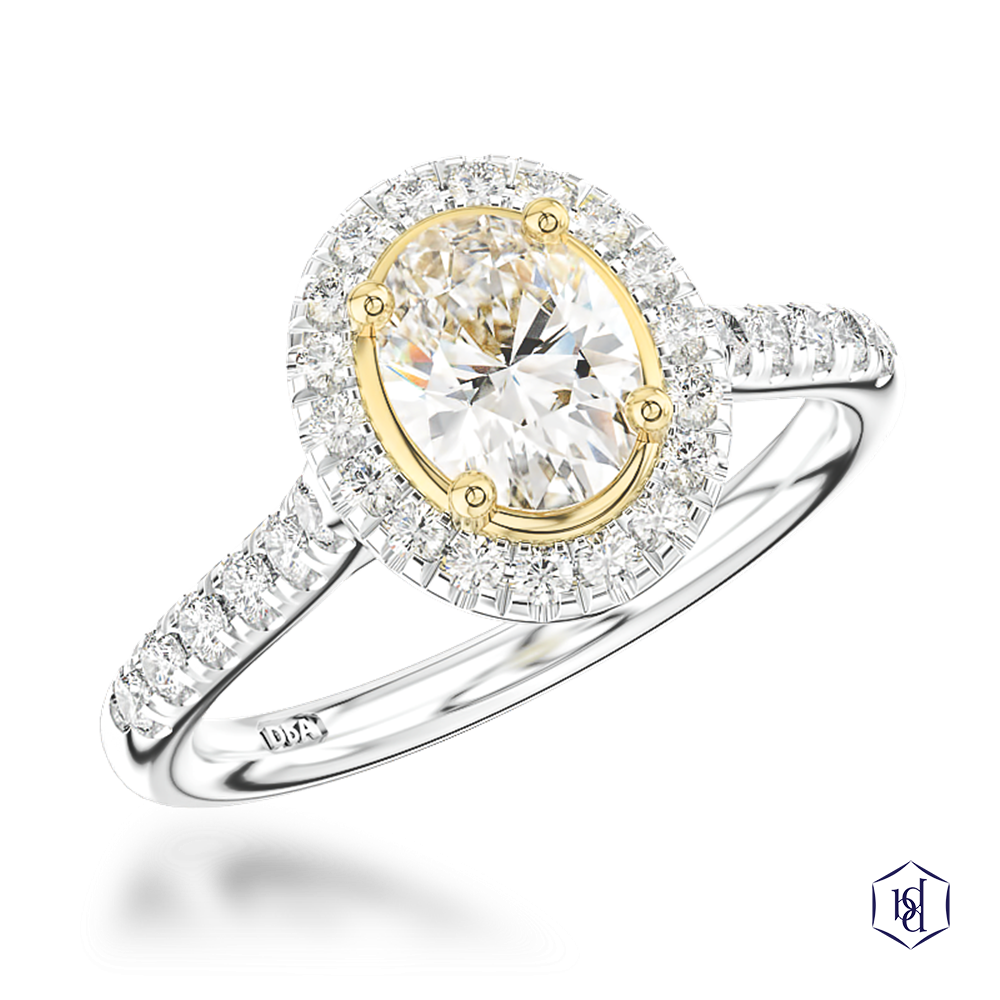 oval cut diamond in a platinum shank and18ct yellow gold head cluster diamond band