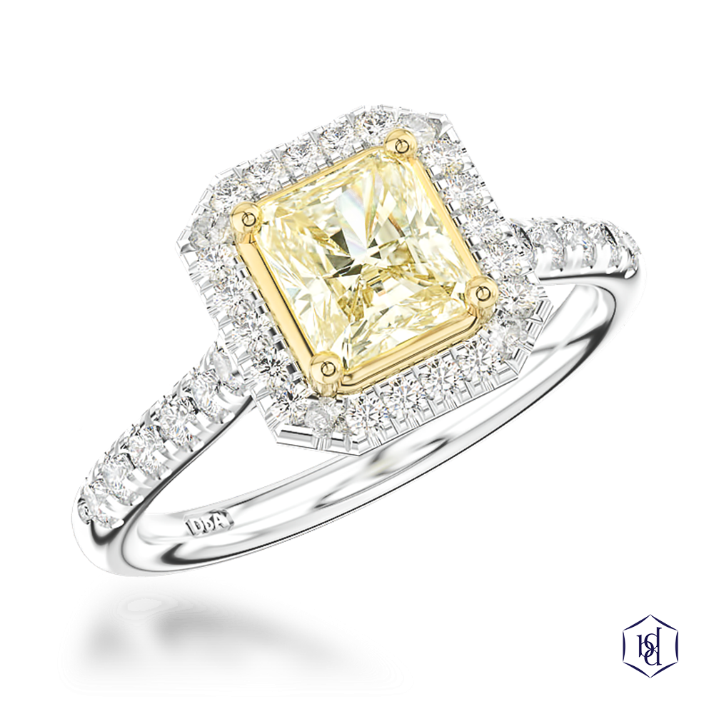 radiant cut yellow diamond in a platinum shank and18ct yellow gold head cluster diamond band