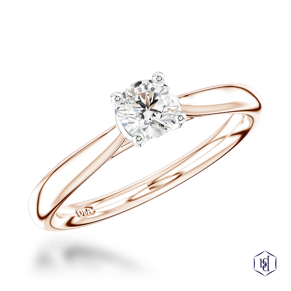 round brilliant cut diamond in a 18ct rose gold shank and platinum head solitaire plain band