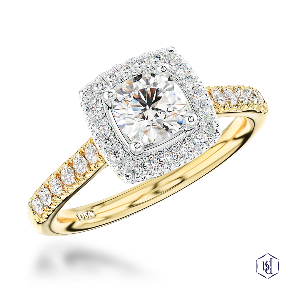 round brilliant cut diamond in a 18ct yellow gold shank and platinum head cluster diamond band