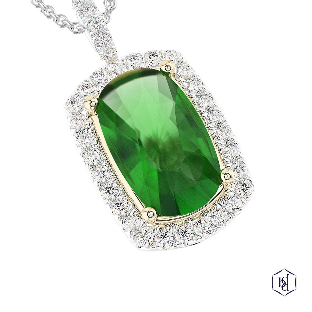 cushion cut green tourmaline in a platinum shank and18ct yellow gold head pendant claw set