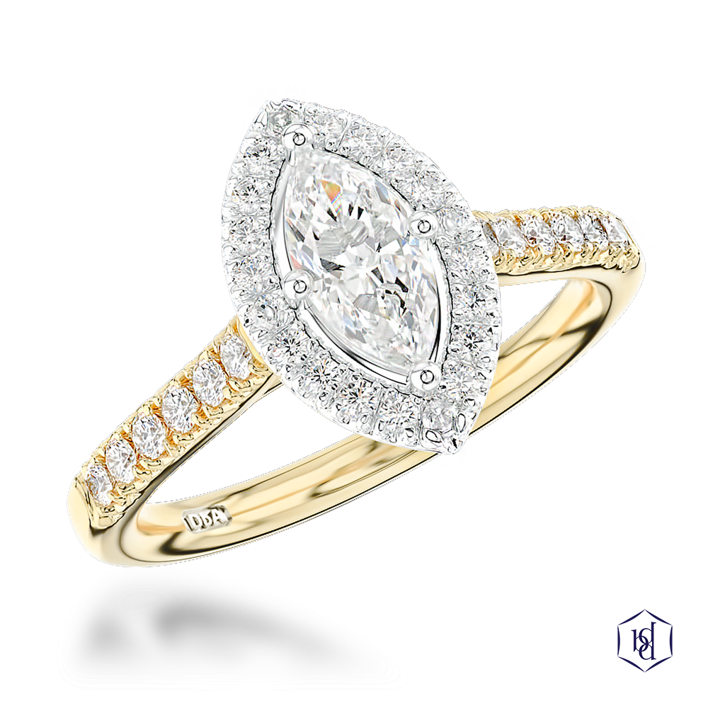 marquise cut diamond in a 18ct yellow gold shank and platinum head cluster diamond band