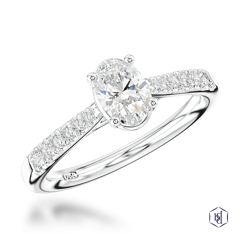 oval cut diamond in a platinum solitaire diamond band