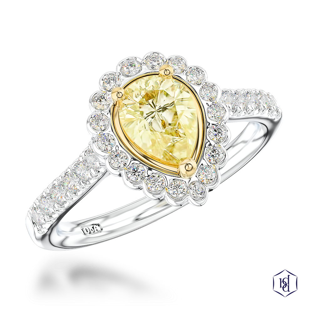 pear shape cut yellow diamond in a platinum shank and18ct yellow gold head cluster diamond band