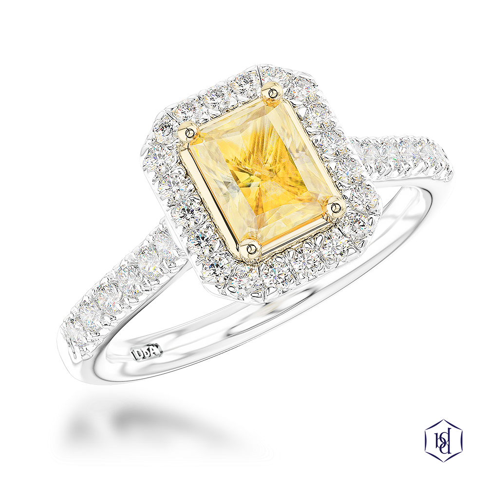 radiant cut yellow diamond in a platinum shank and18ct yellow gold head cluster diamond band
