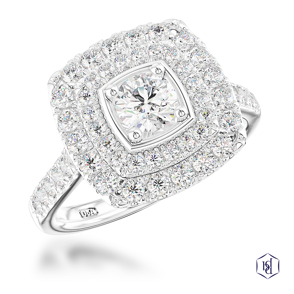 round brilliant cut diamond in a platinum cluster diamond band