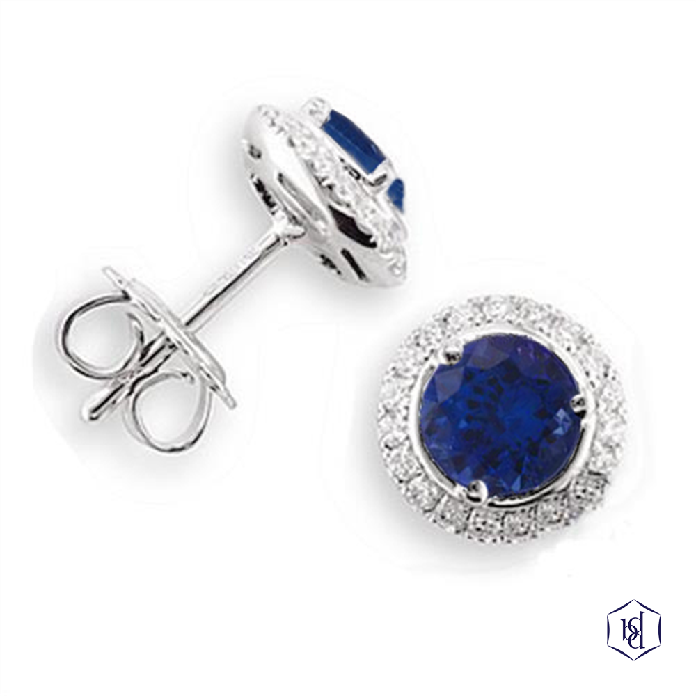 round brilliant cut sapphire in a 18ct white gold earrings claw set